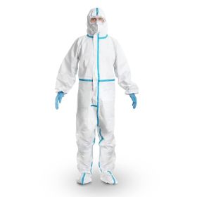 Disposable Coverall. White Polypropylene 50 gsm Overall with Waterproof Microporous Film. Laminated Small Full Body Protective Suit with Hood and